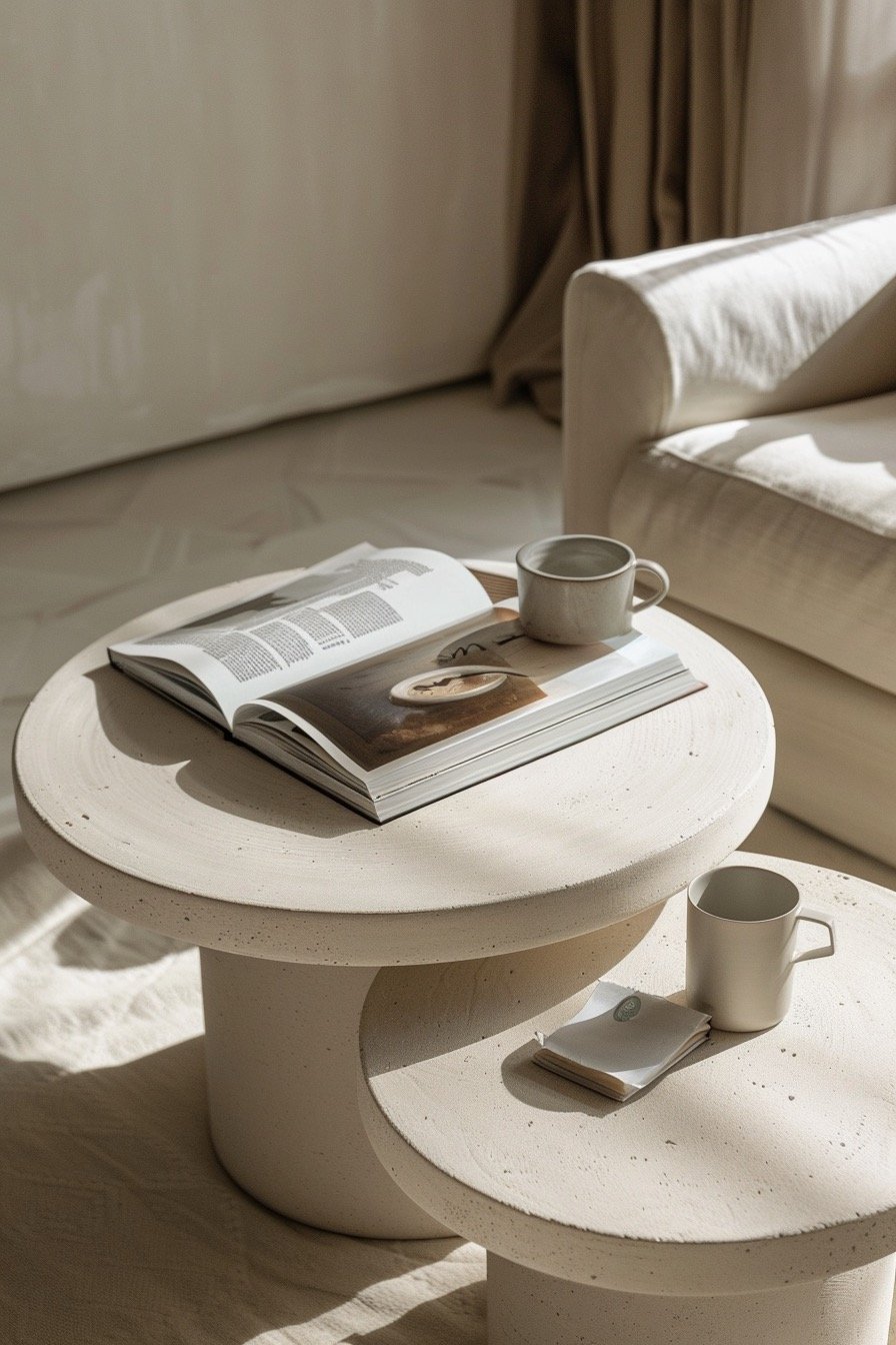 Cream nesting coffee tables with an open book and two stoneware mugs in soft light